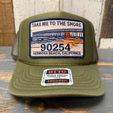 Hermosa Beach TAKE ME TO THE SHORE 90254 High Crown Trucker Hat - Olive