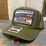 Hermosa Beach TAKE ME TO THE SHORE 90254 High Crown Trucker Hat - Olive