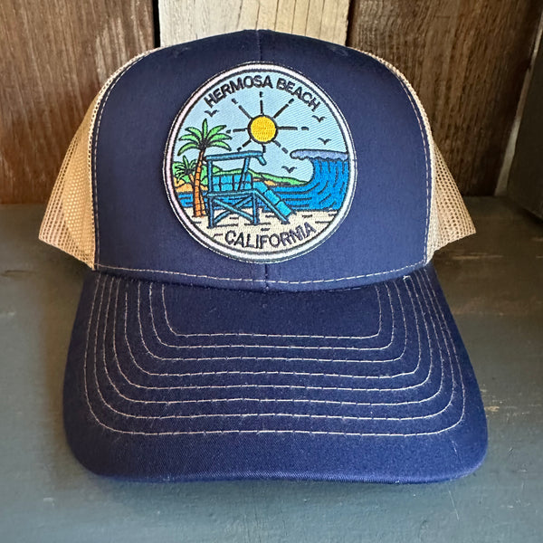 Hermosa Beach SHOREFRONT - 6 Panel Structured Poly/Cotton Front Mesh Back Trucker Hat - Navy/Khaki