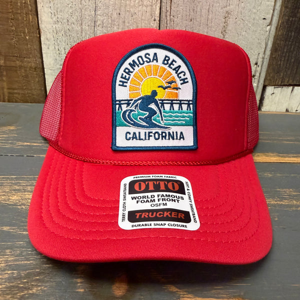 Hermosa Beach 1 to 3 FEET HIGH & RISING High Crown Trucker Hat - Red