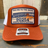Hermosa Beach TAKE ME TO THE SHORE 90254 High Crown Trucker Hat - Texas Orange/White