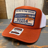 Hermosa Beach TAKE ME TO THE SHORE 90254 High Crown Trucker Hat - Texas Orange/White