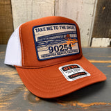 Hermosa Beach TAKE ME TO THE SHORE 90254 High Crown Trucker Hat - Texas Orange/White