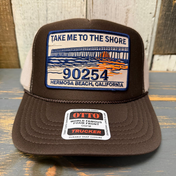 Hermosa Beach TAKE ME TO THE SHORE 90254 High Crown Trucker Hat - Khaki/Brown