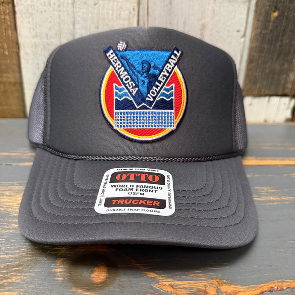 Hermosa Beach LET'S GET SERVED :: BEACH VOLLEYBALL High Crown Trucker Hat - Charcoal