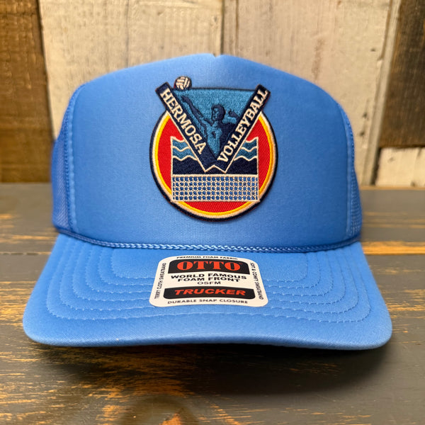 Hermosa Beach LET'S GET SERVED :: BEACH VOLLEYBALL High Crown Trucker Hat - Col. Blue