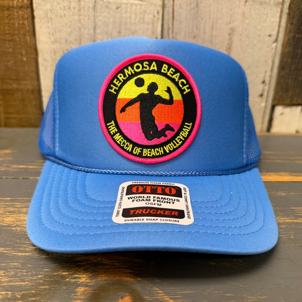 Hermosa Beach  THE MECCA OF BEACH VOLLEYBALL High Crown Trucker Hat - Col. Blue