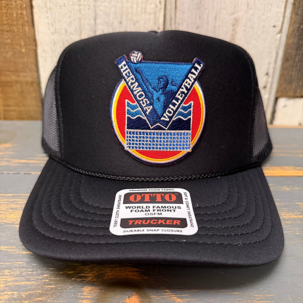 Hermosa Beach LET'S GET SERVED :: BEACH VOLLEYBALL High Crown Trucker Hat - Black