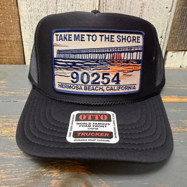 Hermosa Beach TAKE ME TO THE SHORE 90254 High Crown Trucker Hat - Black