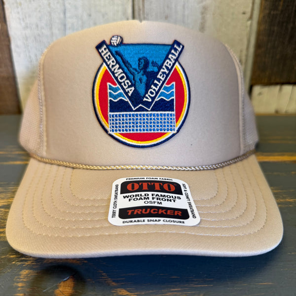 Hermosa Beach LET'S GET SERVED :: BEACH VOLLEYBALL High Crown Trucker Hat - Khaki