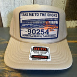 Hermosa Beach TAKE ME TO THE SHORE 90254 High Crown Trucker Hat - Khaki