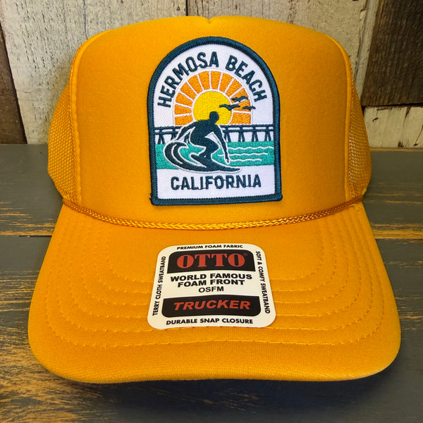 Hermosa Beach 1 to 3 FEET HIGH & RISING High Crown Trucker Hat - Gold