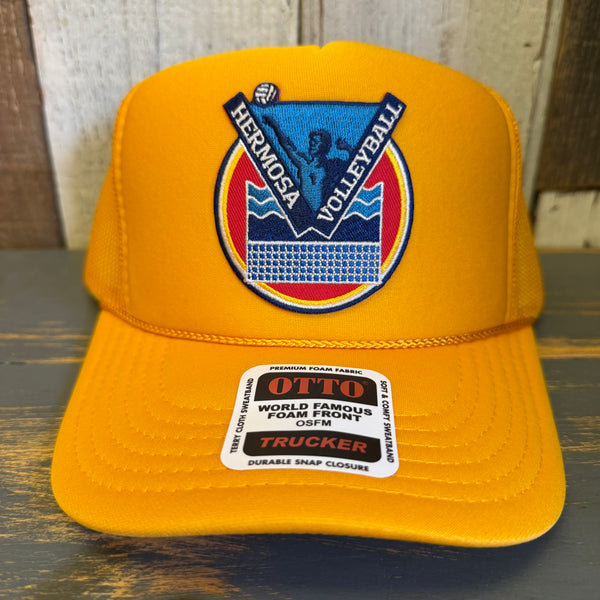 Hermosa Beach LET'S GET SERVED :: BEACH VOLLEYBALL High Crown Trucker Hat - Gold