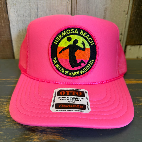 Hermosa Beach THE MECCA OF BEACH VOLLEYBALL Trucker Hat - Neon Pink