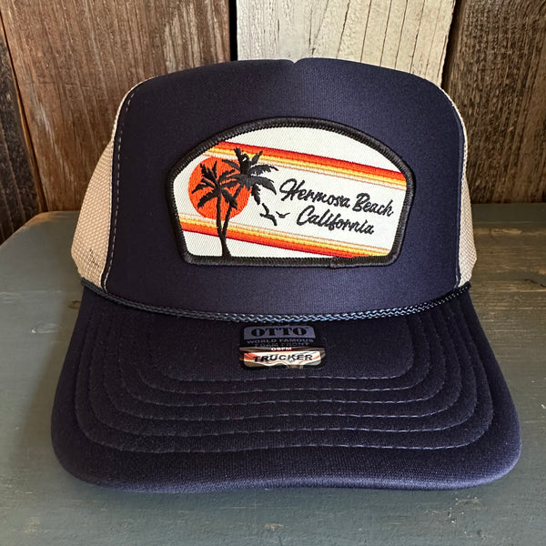 Hermosa Beach RETRO SUNSET High Crown Trucker Hat (Navy/Khaki)