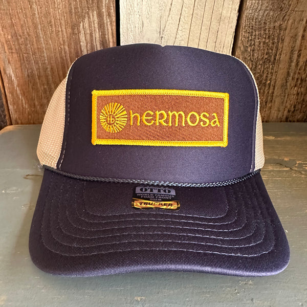 Hermosa Beach AS REAL AS THE STREETS High Crown Trucker Hat (Navy/Khaki)