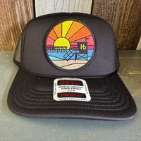Hermosa Beach OBLIGATORY SUNSET High Crown PREMIUM Trucker Hat - Black (Curved Brim)