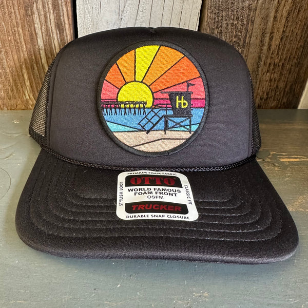 Hermosa Beach OBLIGATORY SUNSET High Crown PREMIUM Trucker Hat - Black (Curved Brim)