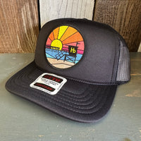 Hermosa Beach OBLIGATORY SUNSET High Crown PREMIUM Trucker Hat - Black (Curved Brim)