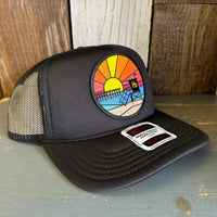 Hermosa Beach OBLIGATORY SUNSET High Crown PREMIUM Trucker Hat - Black (Curved Brim)