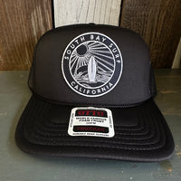 Hermosa Beach SOUTH BAY SURF (Navy Patch) High Crown PREMIUM Trucker Hat - Black (Curved Brim)
