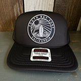 Hermosa Beach SOUTH BAY SURF (Navy Patch) High Crown PREMIUM Trucker Hat - Black (Curved Brim)