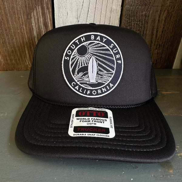 Hermosa Beach SOUTH BAY SURF (Navy Patch) High Crown PREMIUM Trucker Hat - Black (Curved Brim)