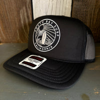 Hermosa Beach SOUTH BAY SURF (Navy Patch) High Crown PREMIUM Trucker Hat - Black (Curved Brim)