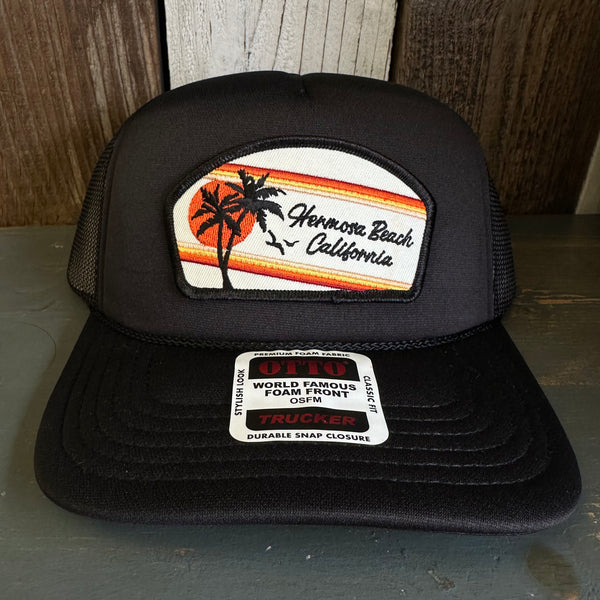 Hermosa Beach RETRO SUNSET High Crown PREMIUM Trucker Hat - Black (Curved Brim)
