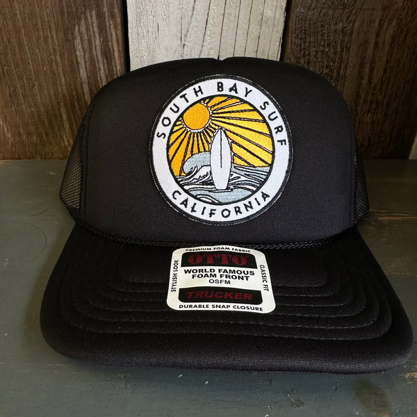 Hermosa Beach SOUTH BAY SURF (Multi Patch) High Crown PREMIUM Trucker Hat - Black (Curved Brim)