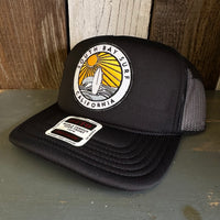 Hermosa Beach SOUTH BAY SURF (Multi Patch) High Crown PREMIUM Trucker Hat - Black (Curved Brim)