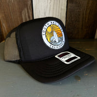 Hermosa Beach SOUTH BAY SURF (Multi Patch) High Crown PREMIUM Trucker Hat - Black (Curved Brim)