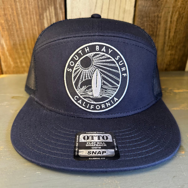 SOUTH BAY SURF (Navy Colored Patch) 7 Panel Mid Profile Trucker Snapback Hat - Navy