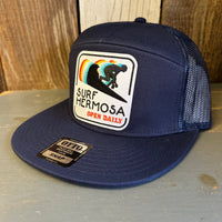 Hermosa Beach SURF HERMOSA :: OPEN DAILY 7 Panel Mid Profile Trucker Snapback Hat - Navy