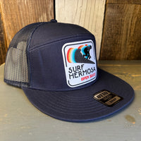 Hermosa Beach SURF HERMOSA :: OPEN DAILY 7 Panel Mid Profile Trucker Snapback Hat - Navy