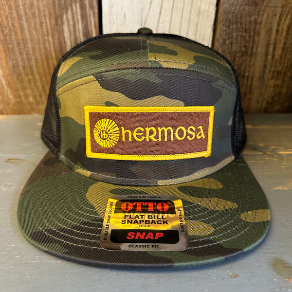Hermosa Beach AS REAL AS THE STREETS 7 Panel Mid Profile Trucker Snapback Hat - Camo/Black