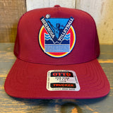 LET's GET SERVED :: HERMOSA BEACH VOLLEYBALL - 5 Panel Mid Profile Mesh Back Trucker Hat - Maroon