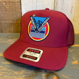 LET's GET SERVED :: HERMOSA BEACH VOLLEYBALL - 5 Panel Mid Profile Mesh Back Trucker Hat - Maroon