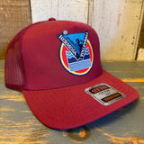 LET's GET SERVED :: HERMOSA BEACH VOLLEYBALL - 5 Panel Mid Profile Mesh Back Trucker Hat - Maroon