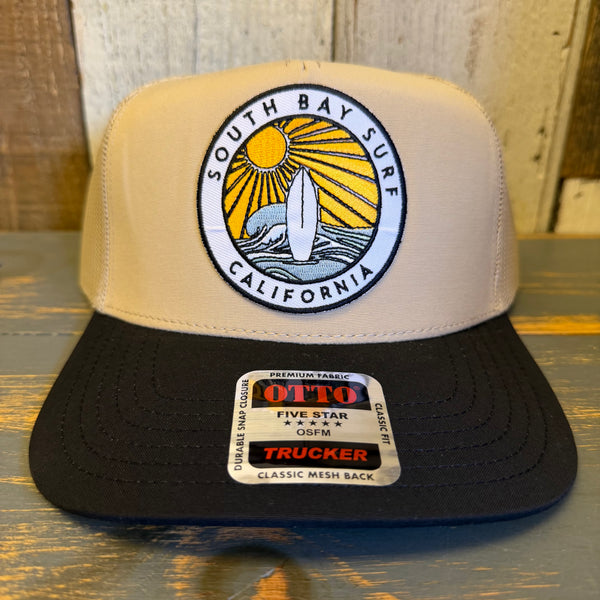 SOUTH BAY SURF (Multi Color Patch) 5 Panel Mid Profile Trucker Hat - Khaki/Black