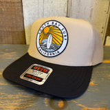 SOUTH BAY SURF (Multi Color Patch) 5 Panel Mid Profile Trucker Hat - Khaki/Black