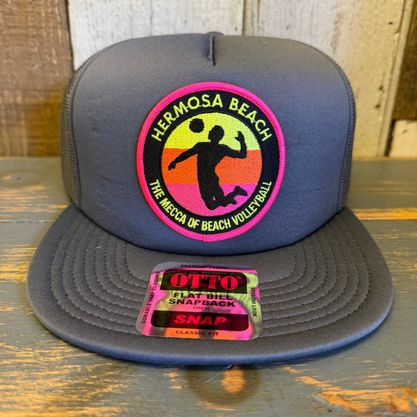 Hermosa Beach THE MECCA OF BEACH VOLLEYBALL Trucker Hat - Charcoal Grey (Flat Brim)