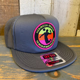 Hermosa Beach THE MECCA OF BEACH VOLLEYBALL Trucker Hat - Charcoal Grey (Flat Brim)