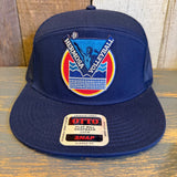 LET'S GET SERVED :: HERMOSA BEACH VOLLEYBALL 7 Panel Mid Profile Trucker Snapback Hat - Navy
