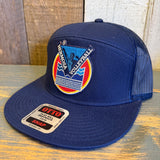 LET'S GET SERVED :: HERMOSA BEACH VOLLEYBALL 7 Panel Mid Profile Trucker Snapback Hat - Navy