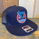 LET'S GET SERVED :: HERMOSA BEACH VOLLEYBALL 7 Panel Mid Profile Trucker Snapback Hat - Navy