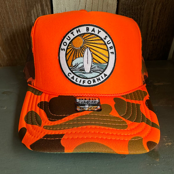 SOUTH BAY SURF (Multi Colored Patch) High Crown Trucker Hat - Neon Orange Hunters Camo