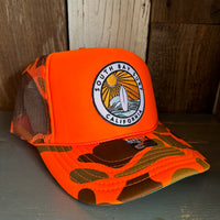 SOUTH BAY SURF (Multi Colored Patch) High Crown Trucker Hat - Neon Orange Hunters Camo