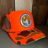SOUTH BAY SURF (Multi Colored Patch) High Crown Trucker Hat - Neon Orange Hunters Camo