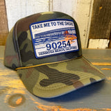 Camo foam baseball cap with front patch showing 90254 text and a small graphic of a beach pier.